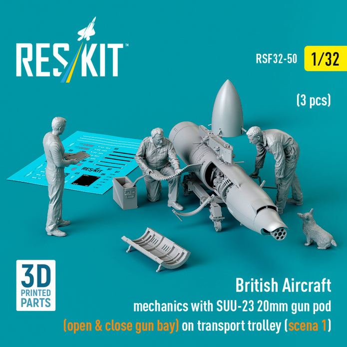 British Aircraft mechanics with SUU-23 20mm gun pod (open & close gun bay) on on transport trolley (scene 1) (3 pcs) (3D Printed) Scale 1:32 ResKit RSF32-0050 for Figurines for Aircraft Model Kit