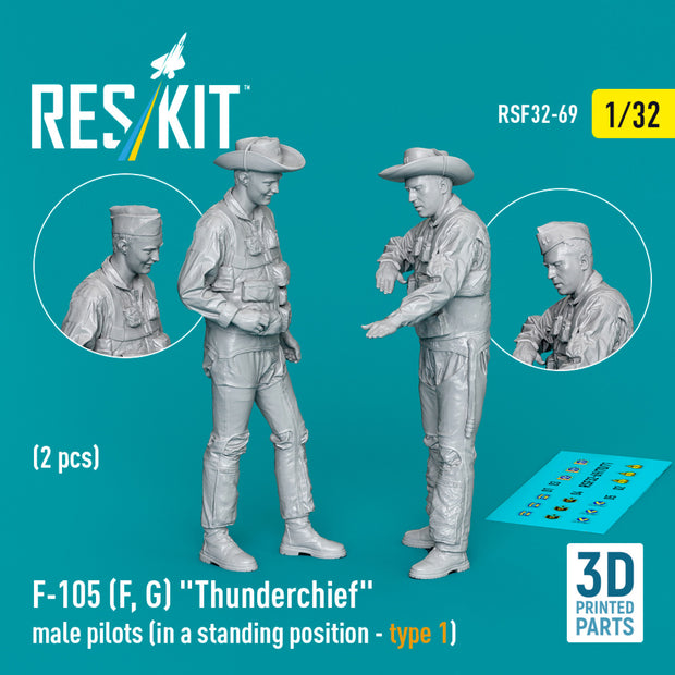 Republic F-105 (F, G) Thunderchief male pilots (in a standing position - type 1) (2 pcs) (3D Printed) Scale 1:32 ResKit RSF32-0069 for Figurines for Aircraft Model Kit