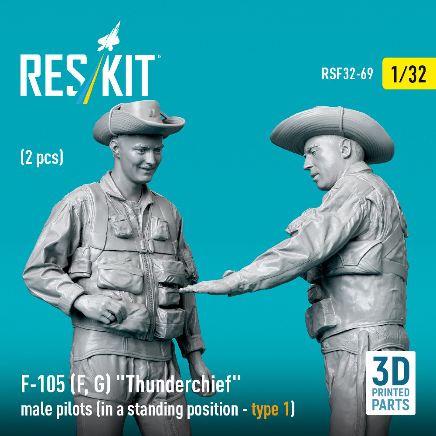 Republic F-105 (F, G) Thunderchief male pilots (in a standing position - type 1) (2 pcs) (3D Printed) Scale 1:32 ResKit RSF32-0069 for Figurines for Aircraft Model Kit