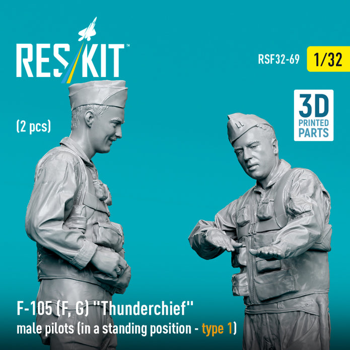 Republic F-105 (F, G) Thunderchief male pilots (in a standing position - type 1) (2 pcs) (3D Printed) Scale 1:32 ResKit RSF32-0069 for Figurines for Aircraft Model Kit