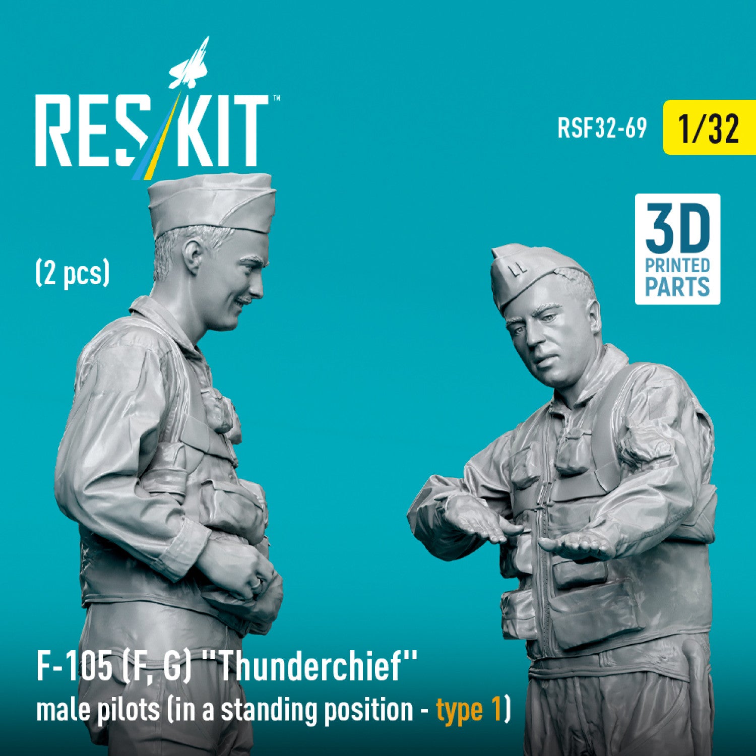 Republic F-105 (F, G) Thunderchief male pilots (in a standing position - type 1) (2 pcs) (3D Printed) Scale 1:32 ResKit RSF32-0069 for Figurines for Aircraft Model Kit