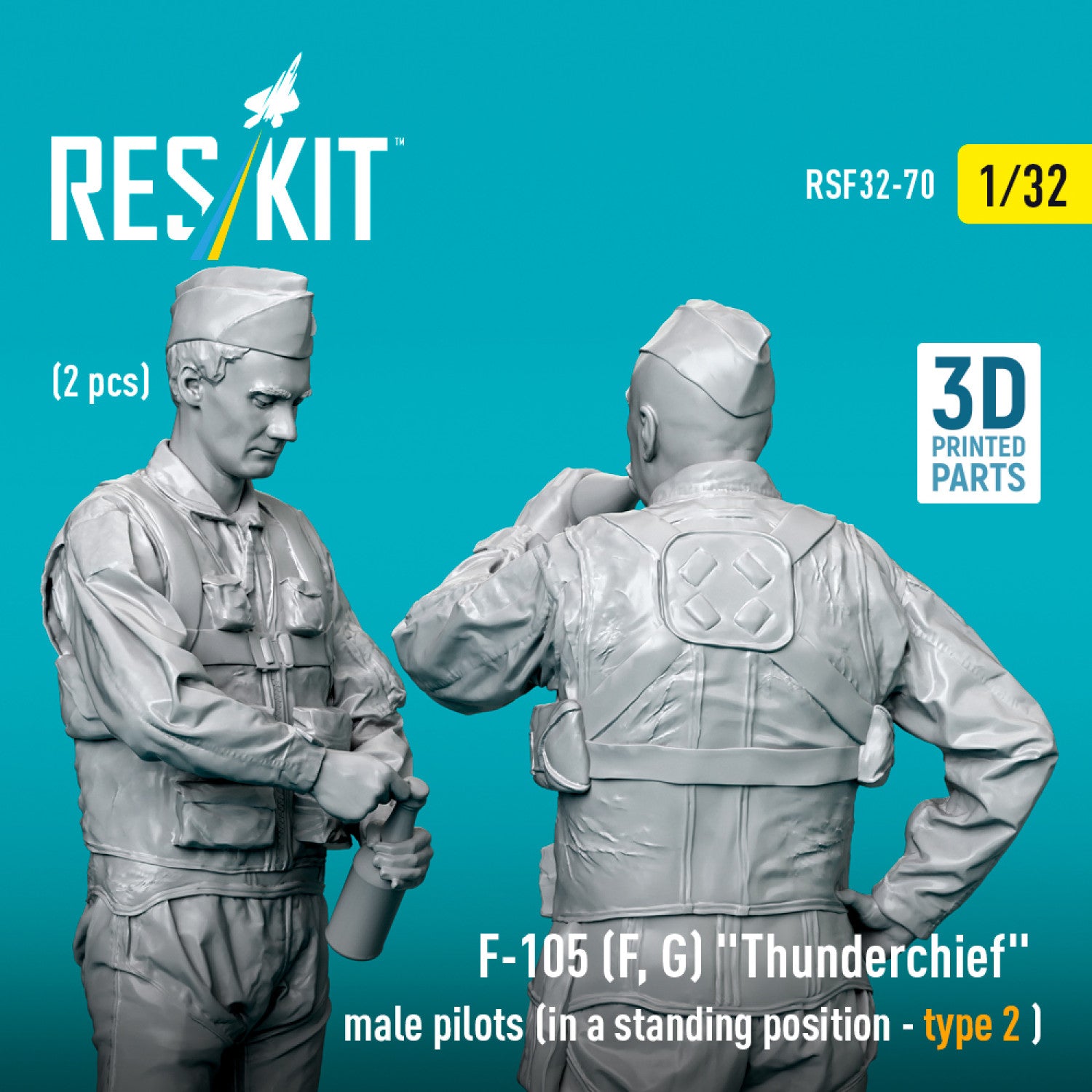 Republic F-105 (F, G) Thunderchief male pilots (in a standing position - type 2) (2 pcs) (3D Printed) Scale 1:32 ResKit RSF32-0070 for Figurines for Aircraft Model Kit