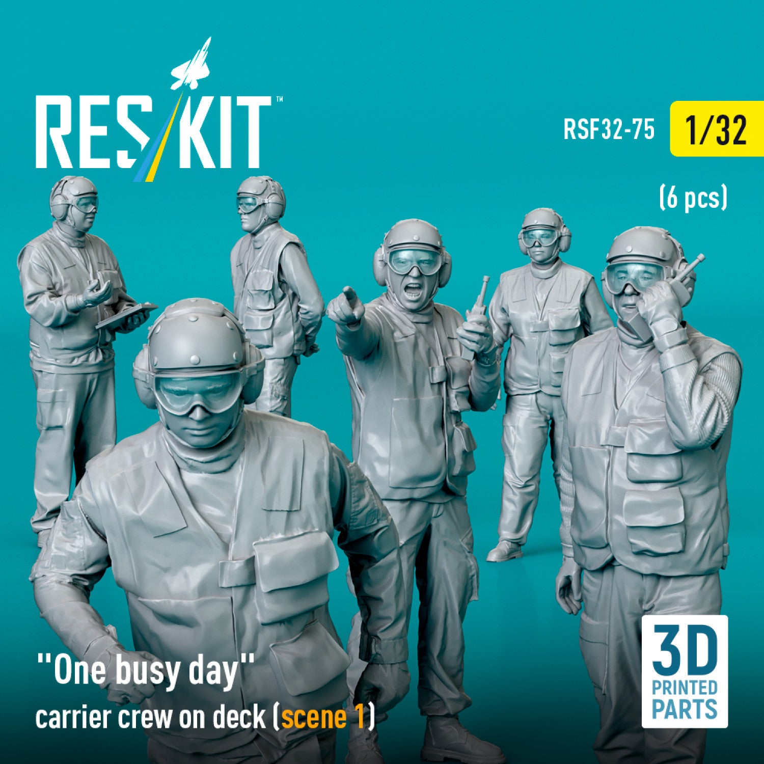 One busy day carrier crew on deck (scene 1) (6 pcs) (3D Printed) Scale 1:32 ResKit RSF32-0075 for Figurines for Aircraft Model Kit