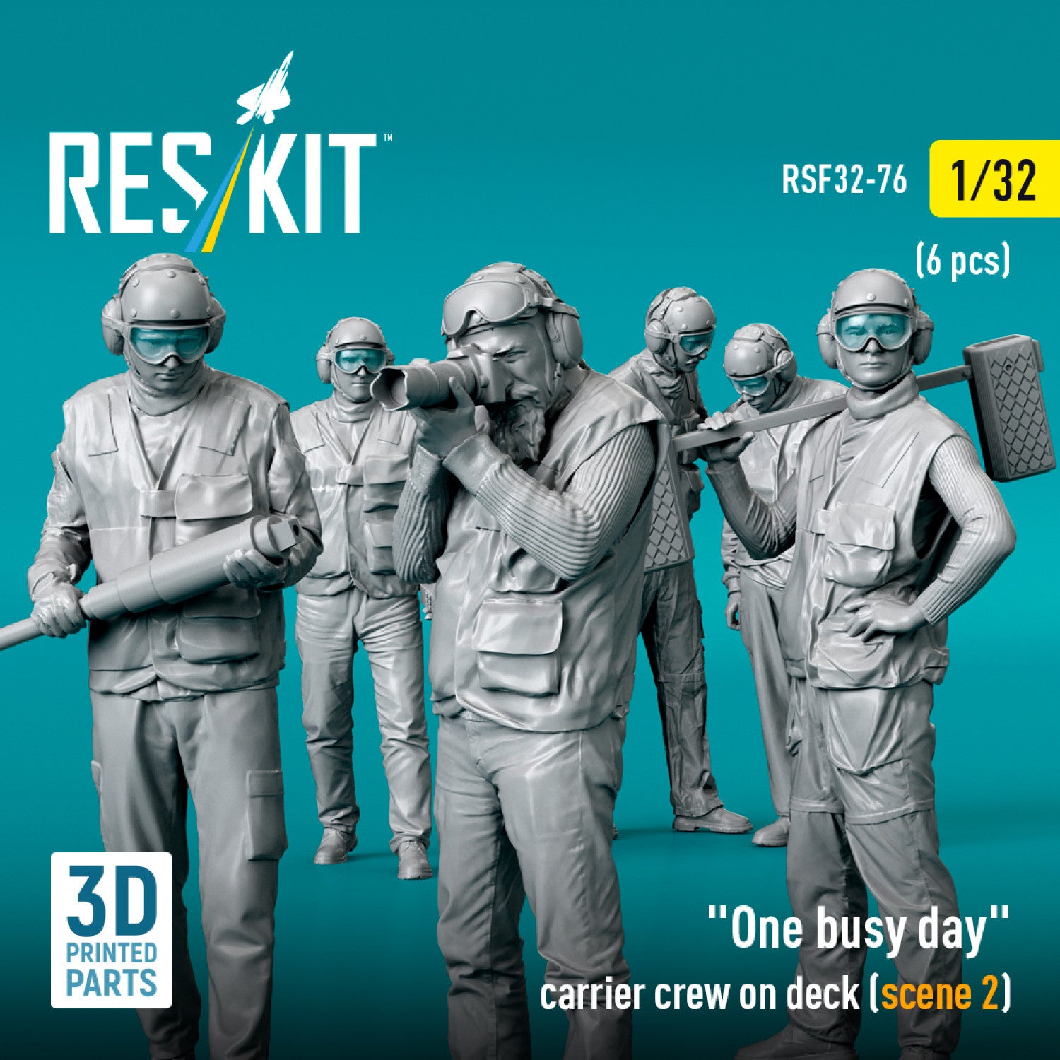 One busy day carrier crew on deck (scene 2) (6 pcs) (3D Printed) Scale 1:32 ResKit RSF32-0076 for Figurines for Aircraft Model Kit