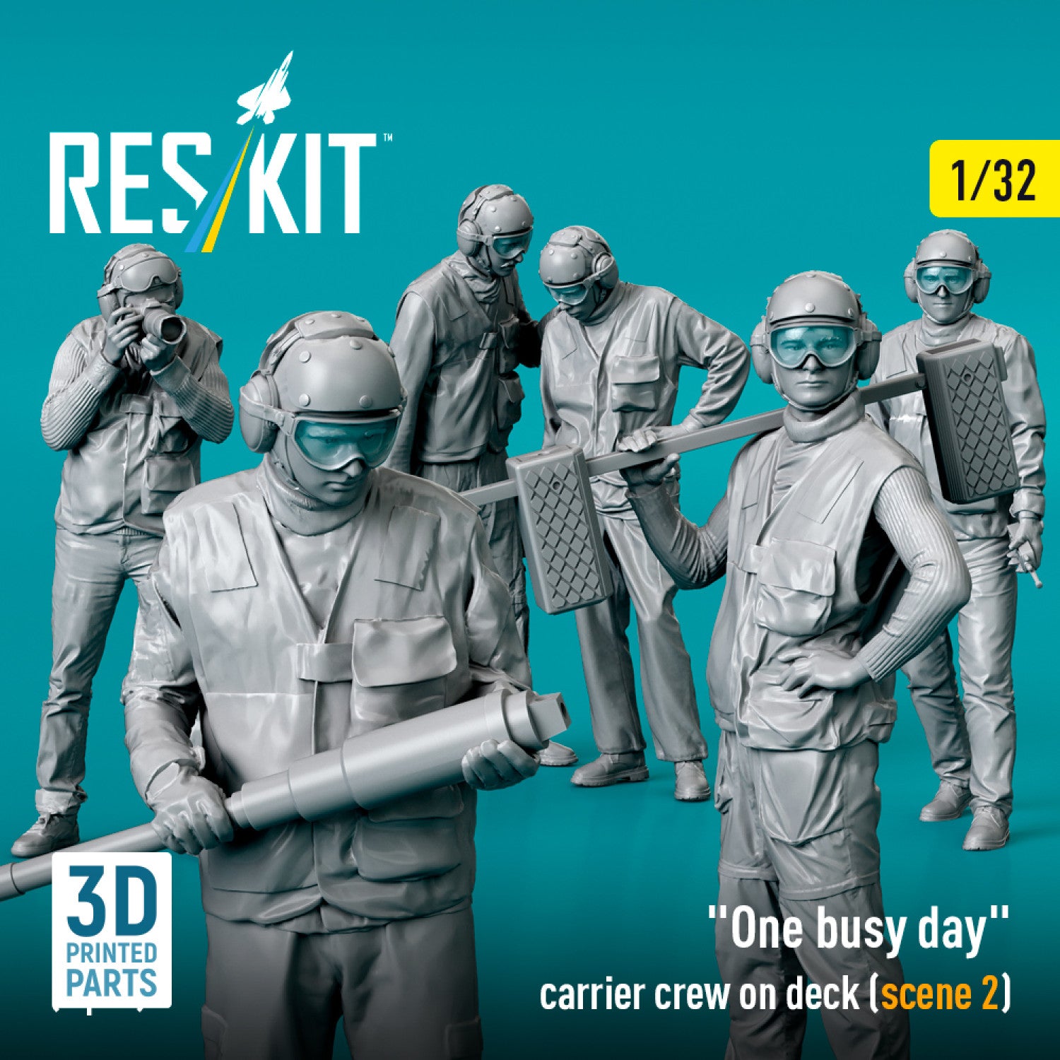 One busy day carrier crew on deck (scene 2) (6 pcs) (3D Printed) Scale 1:32 ResKit RSF32-0076 for Figurines for Aircraft Model Kit