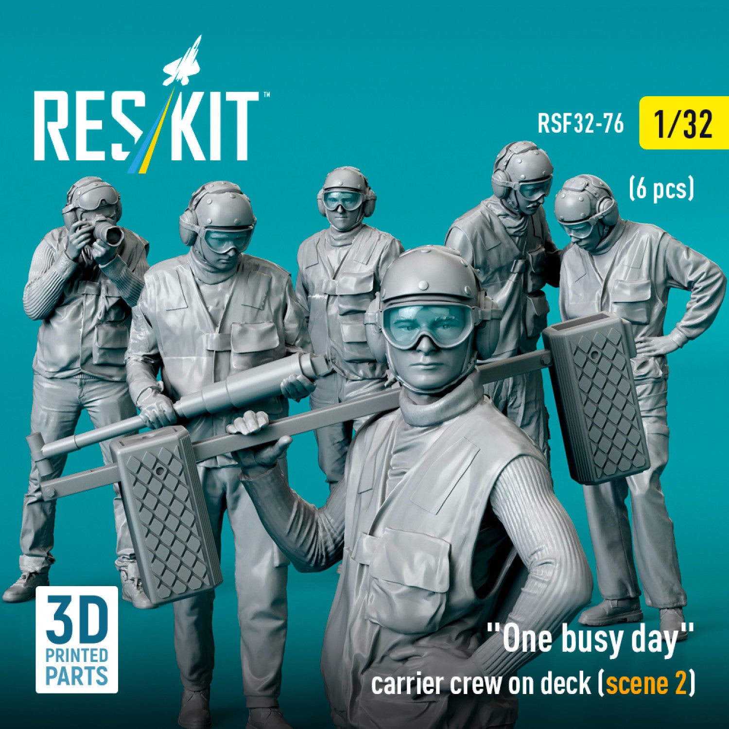 One busy day carrier crew on deck (scene 2) (6 pcs) (3D Printed) Scale 1:32 ResKit RSF32-0076 for Figurines for Aircraft Model Kit