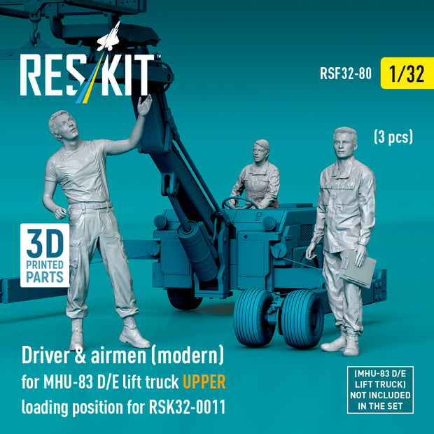 Driver & Airmen (modern) (3 pcs) (MHU-83 D/E Lift Truck UPPER Loading Position for RSK32-0011) (3D Printed) Scale 1:32 ResKit RSF32-0080 for Figurines for Aircraft Model Kit