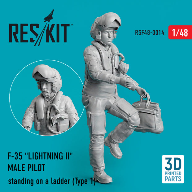 Lockheed Martin F-35 Lightning II male pilot standing on a ladder (Type 1) (3D Printed) Scale 1:48 ResKit RSF48-0014 for Figurines for Aircraft Model Kit