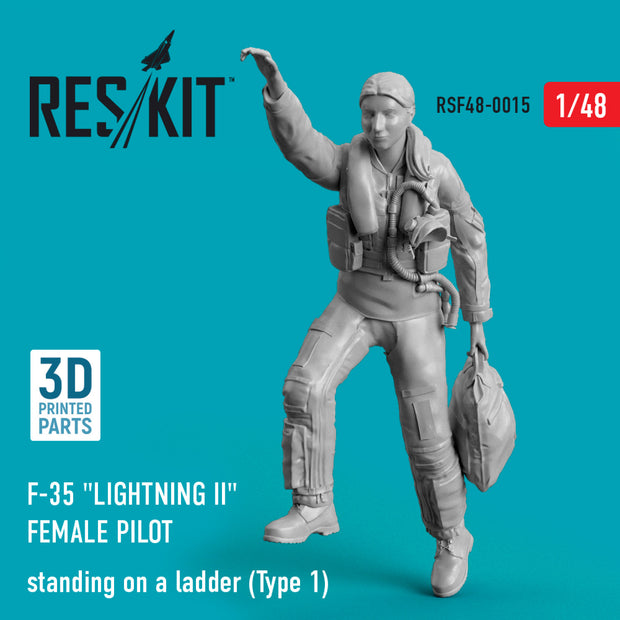 Lockheed Martin F-35 Lightning II female pilot standing on a ladder (Type 1) (3D Printed) Scale 1:48 ResKit RSF48-0015 for Figurines for Aircraft Model Kit