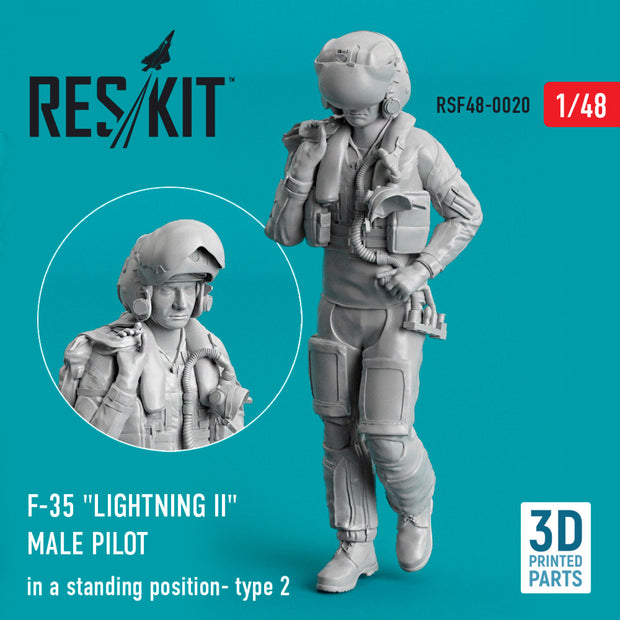 Lockheed Martin F-35 Lightning II male pilot (in a standing position - type 2) (3D Printed) Scale 1:48 ResKit RSF48-0020 for Figurines for Aircraft Model Kit