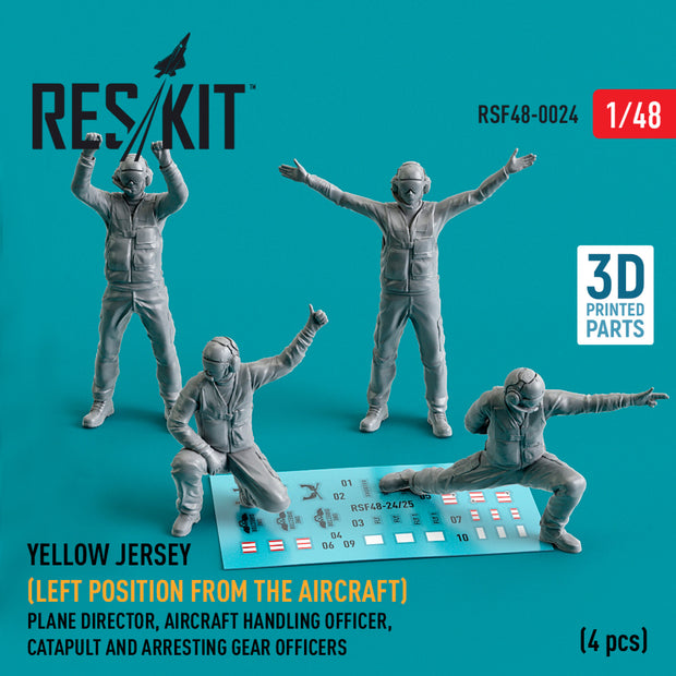 Yellow jersey (Modern) (Left position from the aircraft) Plane Director, Aircraft Handling Officer, Catapult and Arresting Gear Officers (4 pcs) (3D Printed) Scale 1:48 ResKit RSF48-0024 for Figurines for Aircraft Model Kit