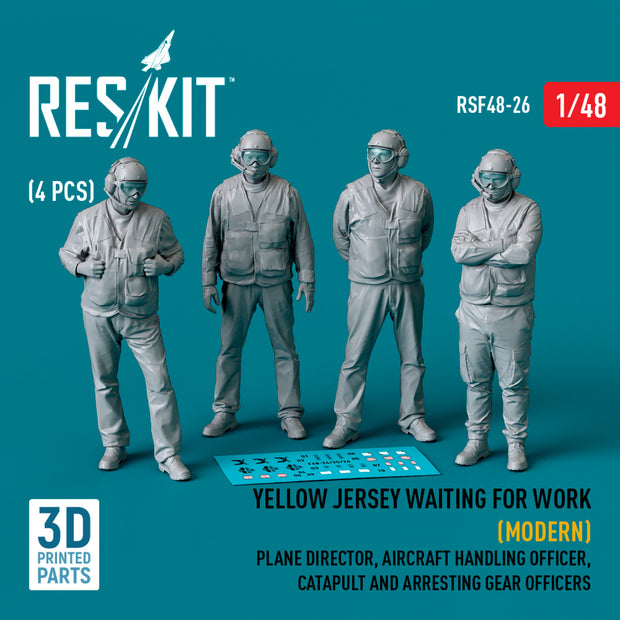Yellow jersey waiting for work (Modern) Plane Director, Aircraft Handling Officer, Catapult and Arresting Gear Officers (4 pcs) (3D Printed) Scale 1:48 ResKit RSF48-0026 for Figurines for Aircraft Model Kit