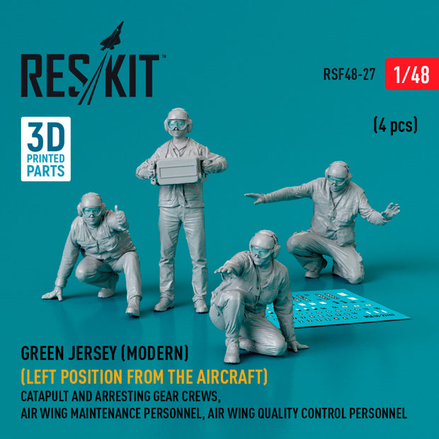 Green jersey (Modern) (Left position from the aircraft) Catapult and Arresting Gear Crews, Air Wing Maintenance Personnel, Air Wing Quality Control Personnel (4 pcs) (3D Printed) Scale 1:48 ResKit RSF48-0027 for Figurines for Aircraft Model Kit