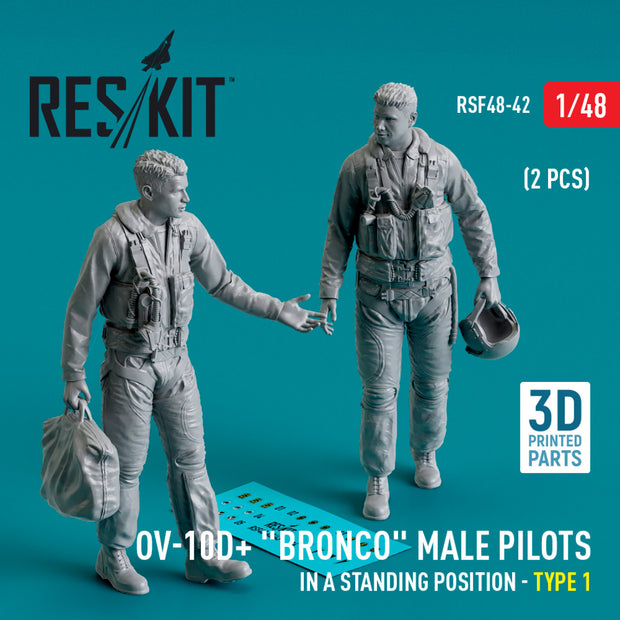 OV-10D+ Bronco male pilots (in a standing position - type 1) (2 pcs) (3D Printed) Scale 1:48 ResKit RSF48-0042 for Figurines for Aircraft Model Kit