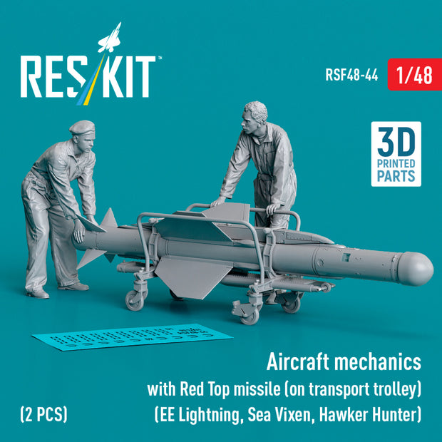 Aircraft mechanics with Red Top Missile (on transport trolley) (EE Lightning, Sea Vixen, Hawker Hunter) (2 pcs) (3D Printed) Scale 1:48 ResKit RSF48-0044 for Figurines for Aircraft Model Kit