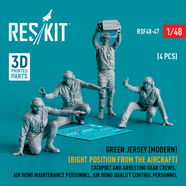 Green jersey (Modern) (Right position from the aircraft) Catapult and Arresting Gear Crews, Air Wing Maintenance Personnel, Air Wing Quality Control Personnel (4 pcs) (3D Printed) Scale 1:48 ResKit RSF48-0047 for Figurines for Aircraft Model Kit