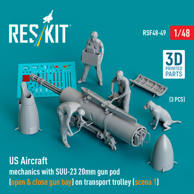 US Aircraft mechanics with SUU-23 20mm gun pod (open & close gun bay) on transport trolley (scene 1) (3 pcs) (3D Printed) Scale 1:48 ResKit RSF48-0049 for Figurines for Aircraft Model Kit