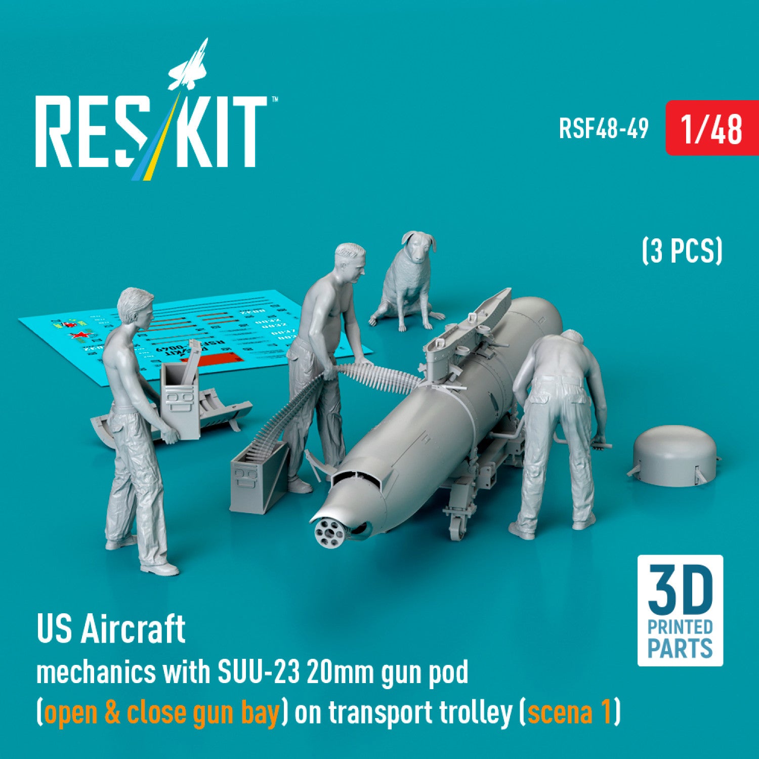 US Aircraft mechanics with SUU-23 20mm gun pod (open & close gun bay) on transport trolley (scene 1) (3 pcs) (3D Printed) Scale 1:48 ResKit RSF48-0049 for Figurines for Aircraft Model Kit