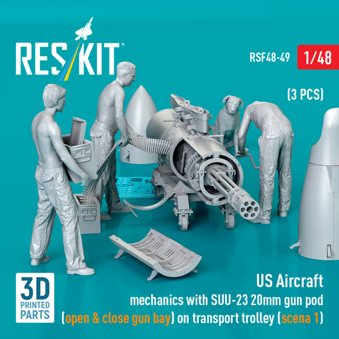US Aircraft mechanics with SUU-23 20mm gun pod (open & close gun bay) on transport trolley (scene 1) (3 pcs) (3D Printed) Scale 1:48 ResKit RSF48-0049 for Figurines for Aircraft Model Kit