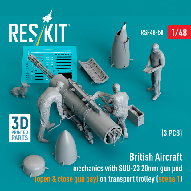 British Aircraft mechanics with SUU-23 20mm gun pod (open & close gun bay) on on transport trolley (scene 1) (3 pcs) (3D Printed) Scale 1:48 ResKit RSF48-0050 for Figurines for Aircraft Model Kit
