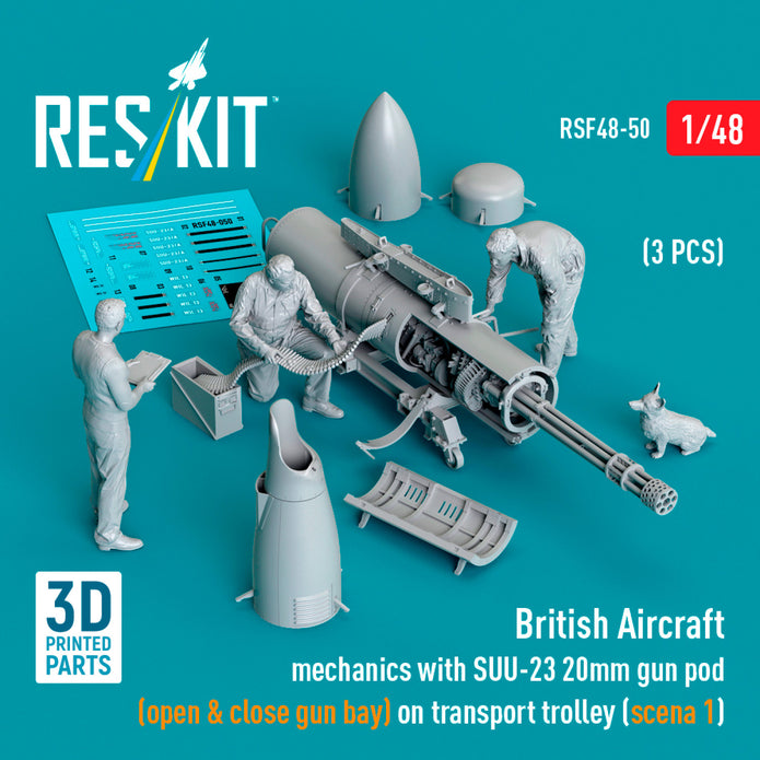 British Aircraft mechanics with SUU-23 20mm gun pod (open & close gun bay) on on transport trolley (scene 1) (3 pcs) (3D Printed) Scale 1:48 ResKit RSF48-0050 for Figurines for Aircraft Model Kit