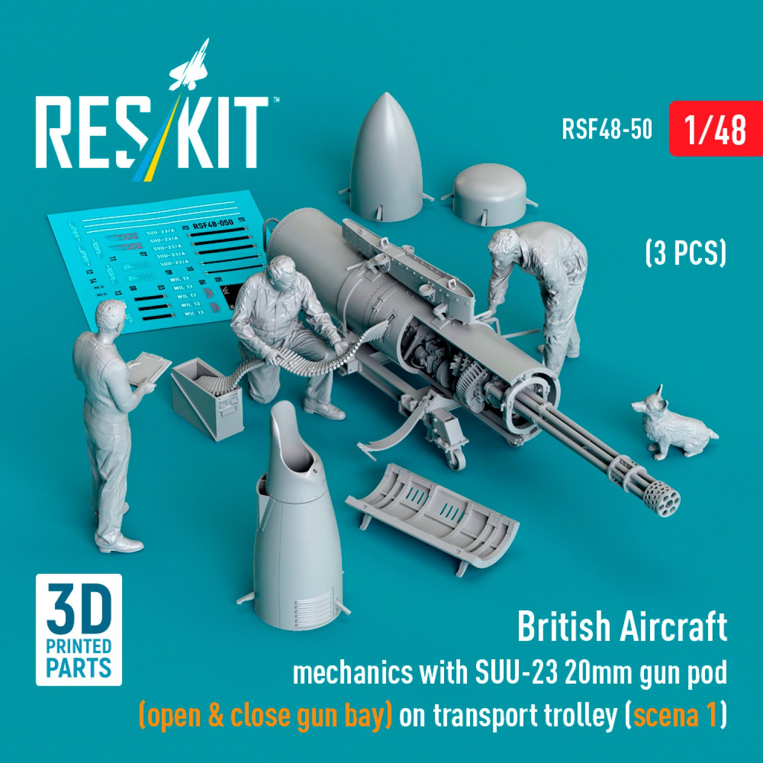 British Aircraft mechanics with SUU-23 20mm gun pod (open & close gun bay) on on transport trolley (scene 1) (3 pcs) (3D Printed) Scale 1:48 ResKit RSF48-0050 for Figurines for Aircraft Model Kit