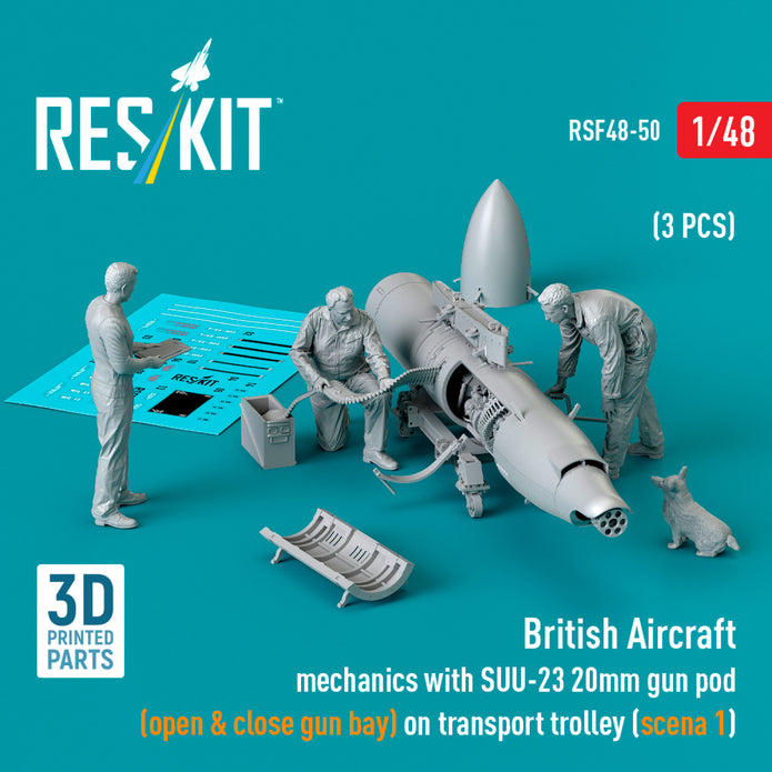 British Aircraft mechanics with SUU-23 20mm gun pod (open & close gun bay) on on transport trolley (scene 1) (3 pcs) (3D Printed) Scale 1:48 ResKit RSF48-0050 for Figurines for Aircraft Model Kit