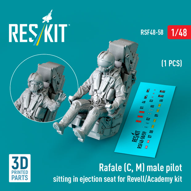 Rafale (C, M) male pilot sitting in Ejection Seat for Revell/Academy kit (1 pcs) (3D Printed) Scale 1:48 ResKit RSF48-0058 for Figurines for Aircraft Model Kit