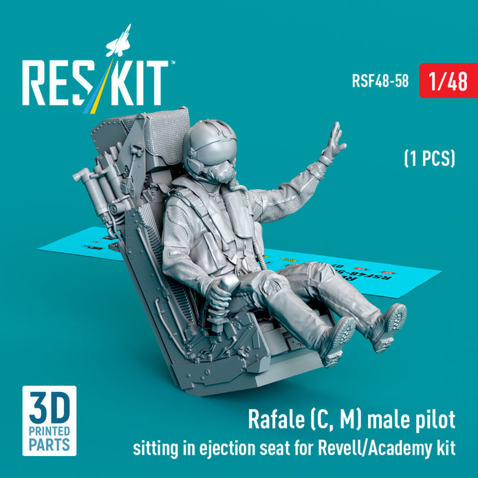 Rafale (C, M) male pilot sitting in Ejection Seat for Revell/Academy kit (1 pcs) (3D Printed) Scale 1:48 ResKit RSF48-0058 for Figurines for Aircraft Model Kit