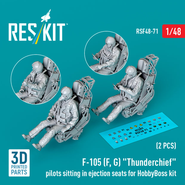 Republic F-105 (F, G) Thunderchief pilots sitting in Ejection Seats for HobbyBoss kit (2 pcs) (3D Printed) Scale 1:48 ResKit RSF48-0071 for Figurines for Aircraft Model Kit