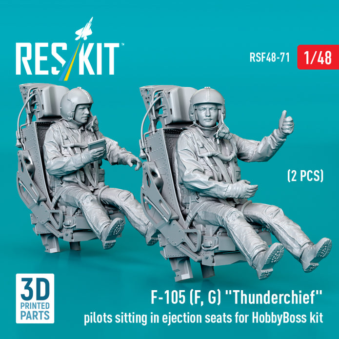 Republic F-105 (F, G) Thunderchief pilots sitting in Ejection Seats for HobbyBoss kit (2 pcs) (3D Printed) Scale 1:48 ResKit RSF48-0071 for Figurines for Aircraft Model Kit