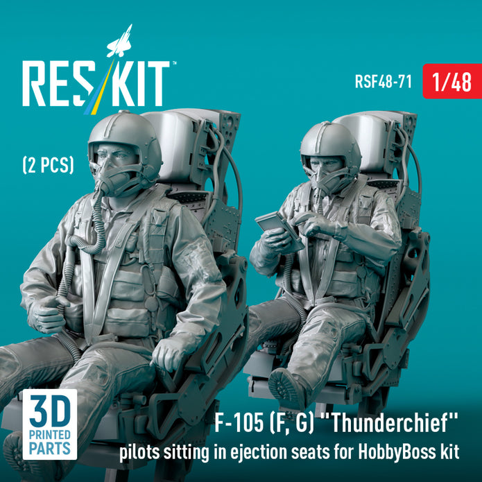 Republic F-105 (F, G) Thunderchief pilots sitting in Ejection Seats for HobbyBoss kit (2 pcs) (3D Printed) Scale 1:48 ResKit RSF48-0071 for Figurines for Aircraft Model Kit