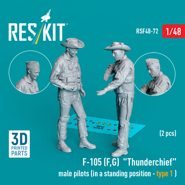 Republic F-105 (F, G) Thunderchief male pilots (in a standing position - type 1) (2 pcs) (3D Printed) Scale 1:48 ResKit RSF48-0072 for Figurines for Aircraft Model Kit