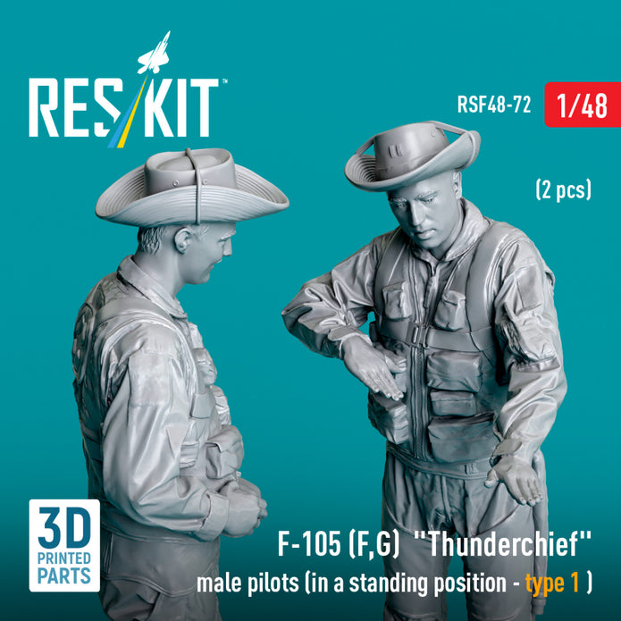 Republic F-105 (F, G) Thunderchief male pilots (in a standing position - type 1) (2 pcs) (3D Printed) Scale 1:48 ResKit RSF48-0072 for Figurines for Aircraft Model Kit