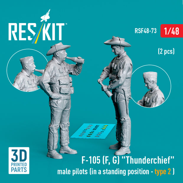 Republic F-105 (F, G) Thunderchief male pilots (in a standing position - type 2) (2 pcs) (3D Printed) Scale 1:48 ResKit RSF48-0073 for Figurines for Aircraft Model Kit