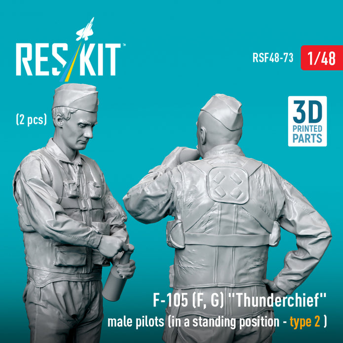 Republic F-105 (F, G) Thunderchief male pilots (in a standing position - type 2) (2 pcs) (3D Printed) Scale 1:48 ResKit RSF48-0073 for Figurines for Aircraft Model Kit