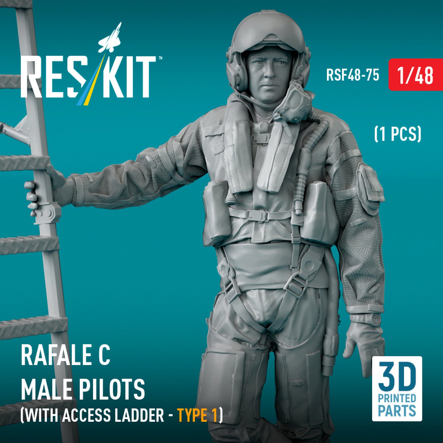 Rafale C male pilot (with Access Ladder - type 1) (1 pcs) (3D Printed) Scale 1:48 ResKit RSF48-0075 for Figurines for Aircraft Model Kit