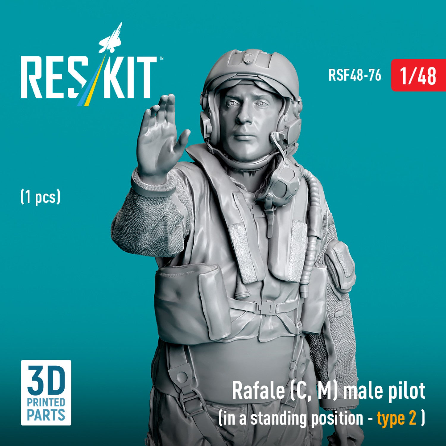 Rafale (C, M) male pilot (in a standing position - type 2) (1 pcs) (3D Printed) Scale 1:48 ResKit RSF48-0076 for Figurines for Aircraft Model Kit