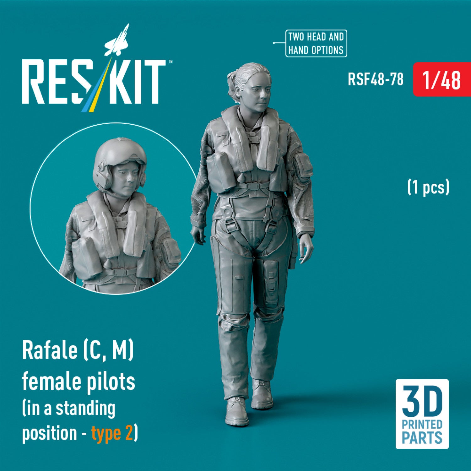 Rafale (C, M) female pilot (in a standing position - type 2) (1 pcs) (3D Printed) Scale 1:48 ResKit RSF48-0078 for Figurines for Aircraft Model Kit