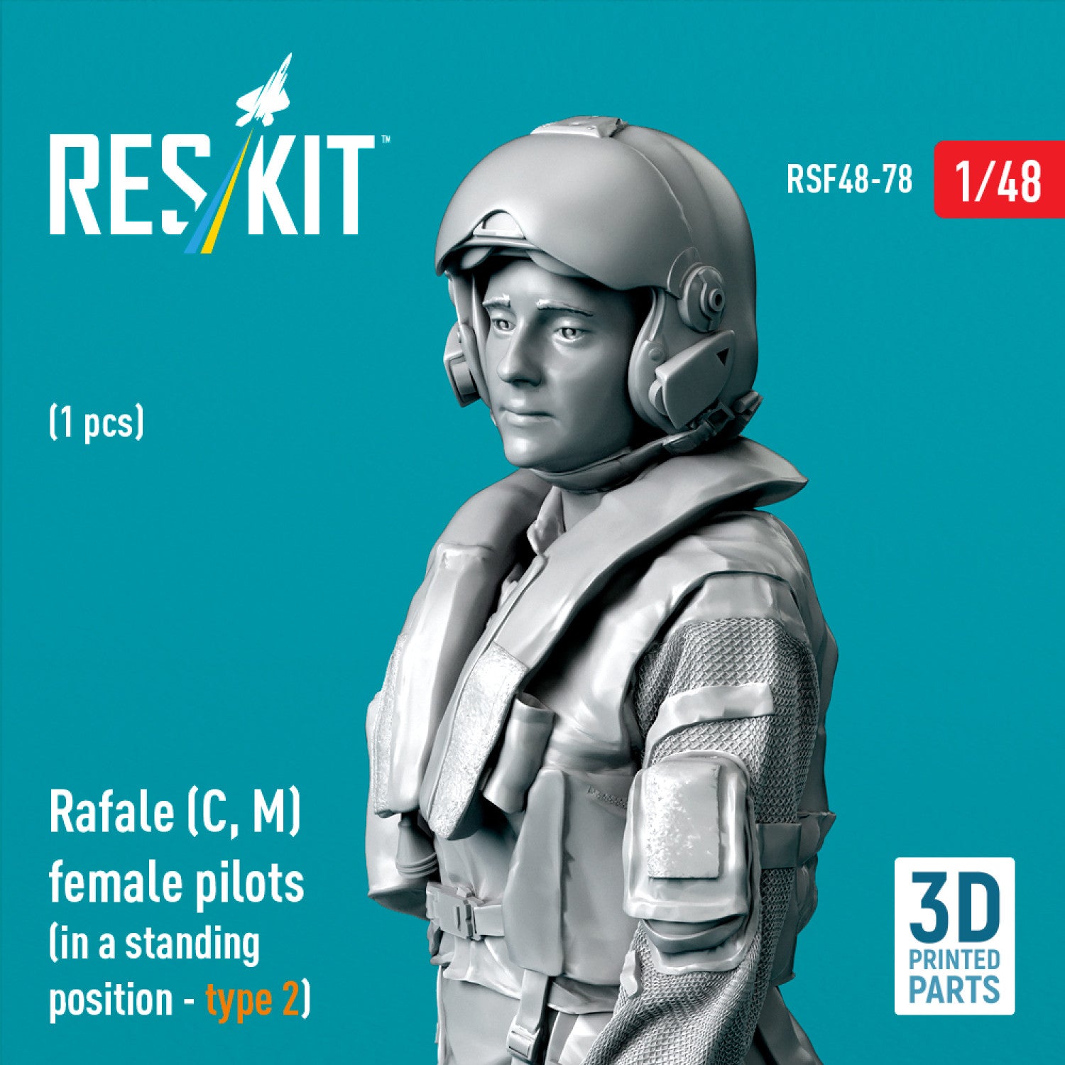 Rafale (C, M) female pilot (in a standing position - type 2) (1 pcs) (3D Printed) Scale 1:48 ResKit RSF48-0078 for Figurines for Aircraft Model Kit