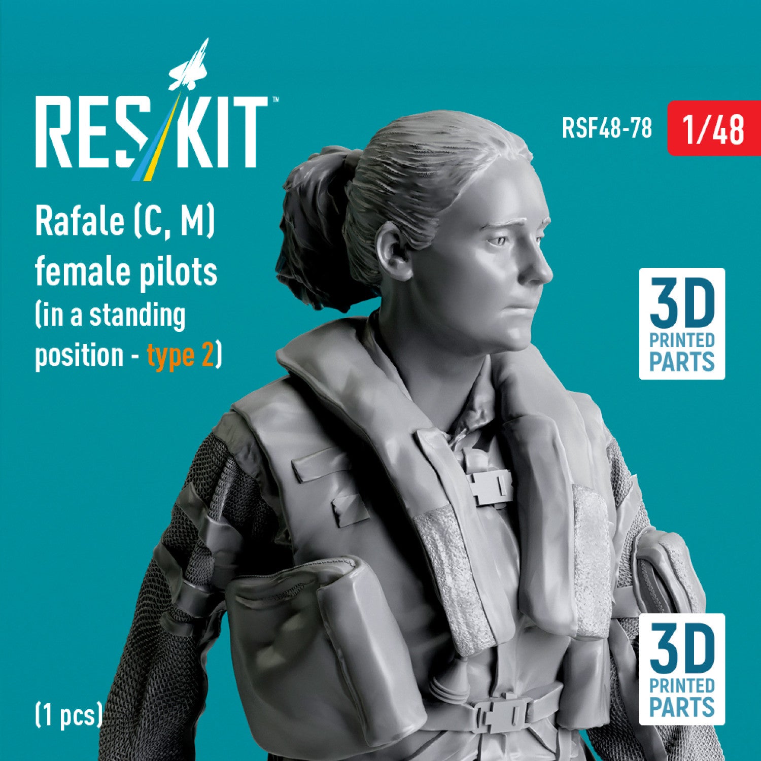 Rafale (C, M) female pilot (in a standing position - type 2) (1 pcs) (3D Printed) Scale 1:48 ResKit RSF48-0078 for Figurines for Aircraft Model Kit