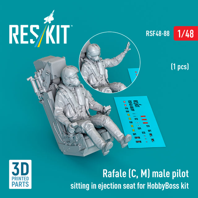 Dassault Rafale (C, M) Male Pilot Sitting in Ejection Seat for HobbyBoss kit (1 pcs) (3D Printed) Scale 1:48 ResKit RSF48-0088 for Aircraft Model Kit