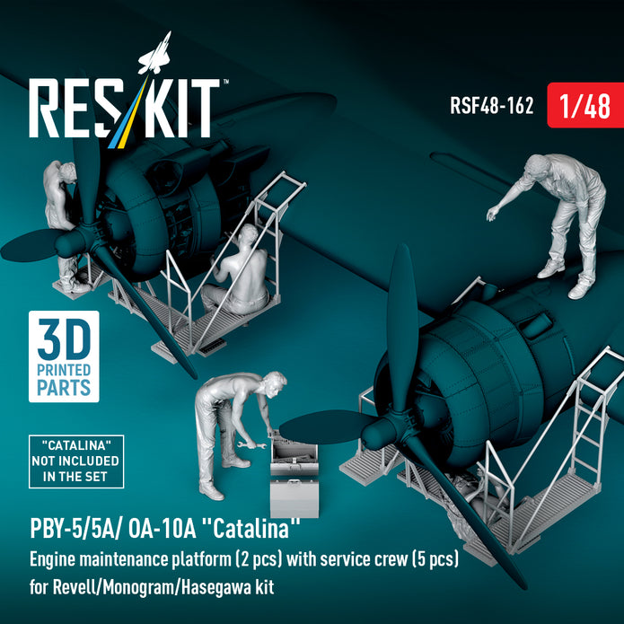 PBY-5/5A/ OA-10A Catalina Engine maintenance platform (2 pcs) with service crew (5 pcs) for Revell/Monogram/Hasegawa kit (3D Printed) Scale 1:48 ResKit RSF48-0162