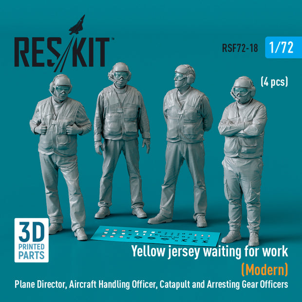 Yellow jersey waiting for work (Modern) Plane Director, Aircraft Handling Officer, Catapult and Arresting Gear Officers (4 pcs) (3D Printed) Scale 1:72 ResKit RSF72-0018 for Figurines for Aircraft / Helicopters Model Kit