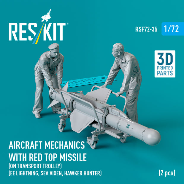 Aircraft mechanics with Red Top Missile (on transport trolley) (EE Lightning, Sea Vixen, Hawker Hunter) (2 pcs) (3D Printed) Scale 1:72 ResKit RSF72-0035 for Figurines for Aircraft Model Kit