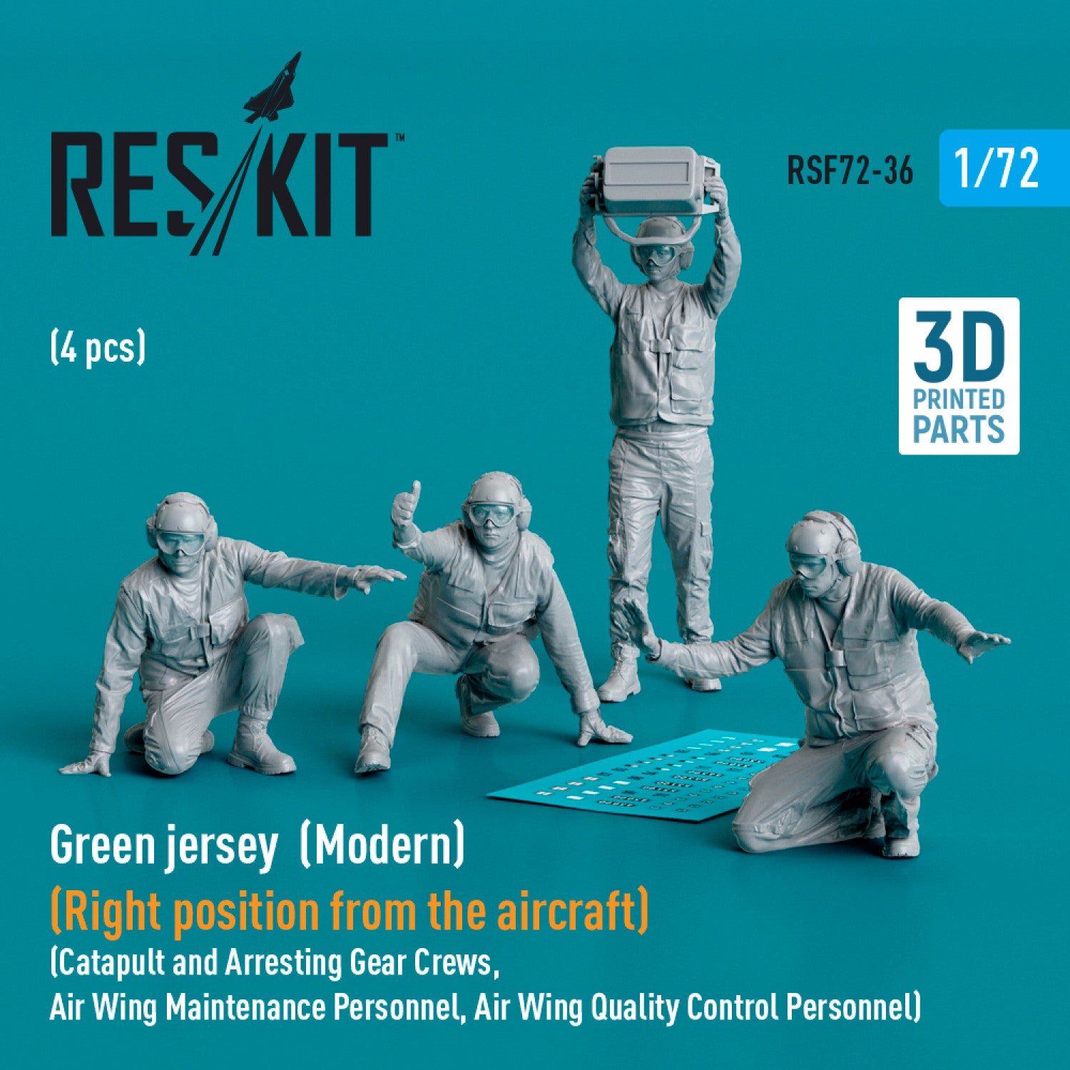 Green jersey (Modern) (Right position from the aircraft) Catapult and Arresting Gear Crews, Air Wing Maintenance Personnel, Air Wing Quality Control Personnel (4 pcs) (3D Printed) Scale 1:72 ResKit RSF72-0036 for Figurines for Aircraft Model Kit