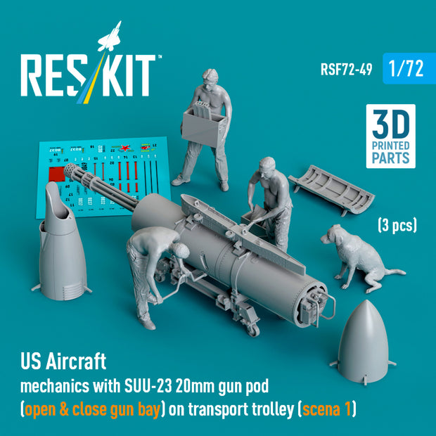 US Aircraft mechanics with SUU-23 20mm gun pod (open & close gun bay) on transport trolley (scene 1) (3 pcs) (3D Printed) Scale 1:72 ResKit RSF72-0049 for Figurines for Aircraft Model Kit