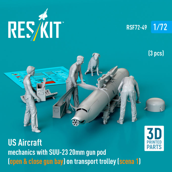 US Aircraft mechanics with SUU-23 20mm gun pod (open & close gun bay) on transport trolley (scene 1) (3 pcs) (3D Printed) Scale 1:72 ResKit RSF72-0049 for Figurines for Aircraft Model Kit