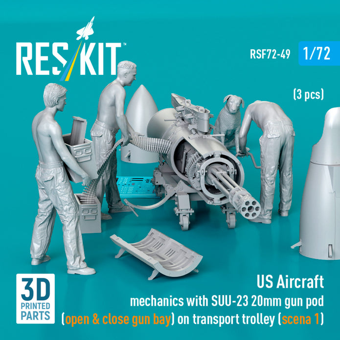 US Aircraft mechanics with SUU-23 20mm gun pod (open & close gun bay) on transport trolley (scene 1) (3 pcs) (3D Printed) Scale 1:72 ResKit RSF72-0049 for Figurines for Aircraft Model Kit