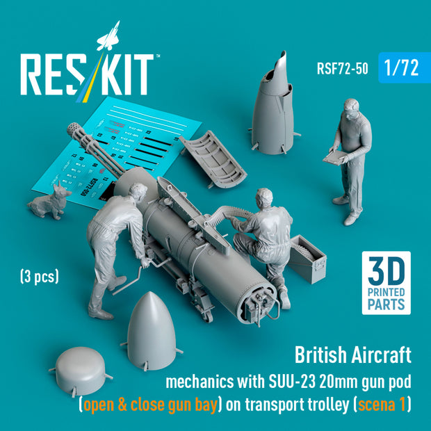 British Aircraft mechanics with SUU-23 20mm gun pod (open & close gun bay) on transport trolley (scene 1) (3 pcs) (3D Printed) Scale 1:72 ResKit RSF72-0050 for Figurines for Aircraft Model Kit